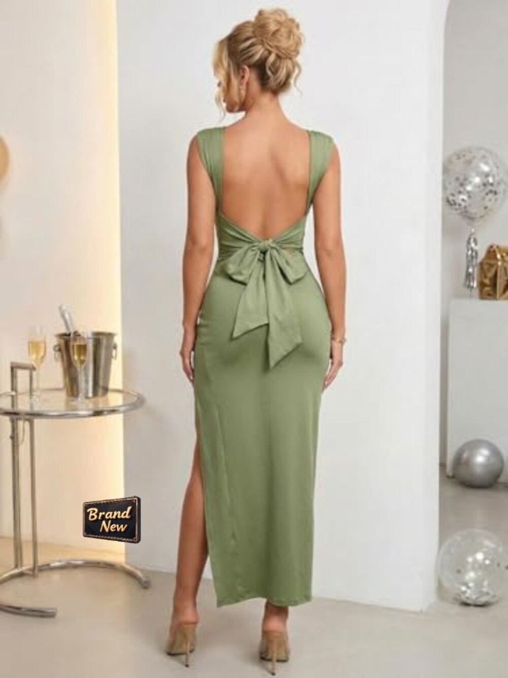 Backless Ruched Bodycon Dress High Slit Scoop Neck Bow Tie Midi Formal Prom - Picture 2 of 5